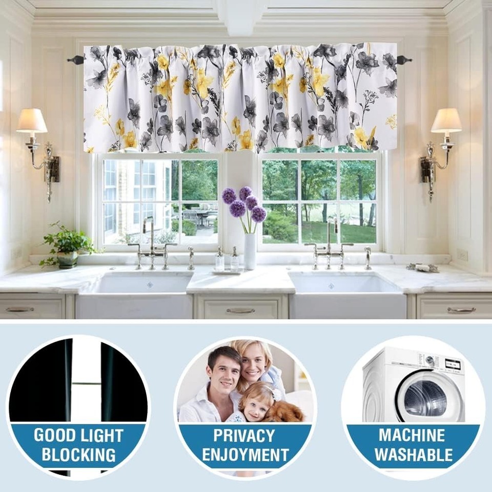 52x18" Grey Yellow 100 Blackout Curtain Valances for Kitchen Windows 2