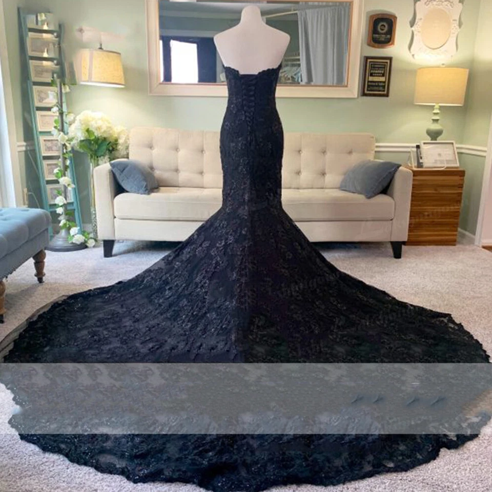 Vestidos de novia góticos negros de sirena con capa de encaje tren de barrido vestidos de novia Foto 3 de 4