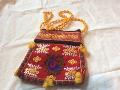 Crewel Peacock Embroidery yellow red Mardi Gras bag bohemian vanity storage