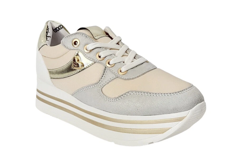 SCARPE SNEAKERS DONNA BRACCIALINI R109 PELLE TESSUTO AVORIO BIANCO GRIGIO ORO