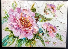 PEONY Flowers  Original OIL Impasto PAINTING Impressionism 7"x 5"Olga Diduh