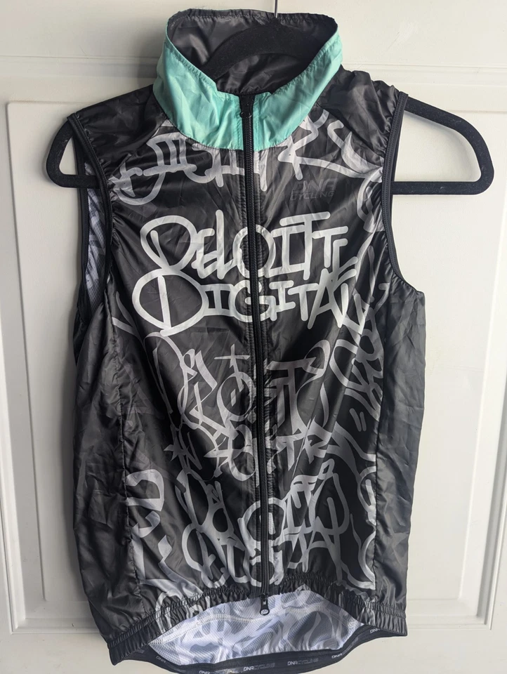 NWT Women's Cycling Vest — Deloitte Digital, Graffiti Style Windproof Black Teal - Image 2 of 4