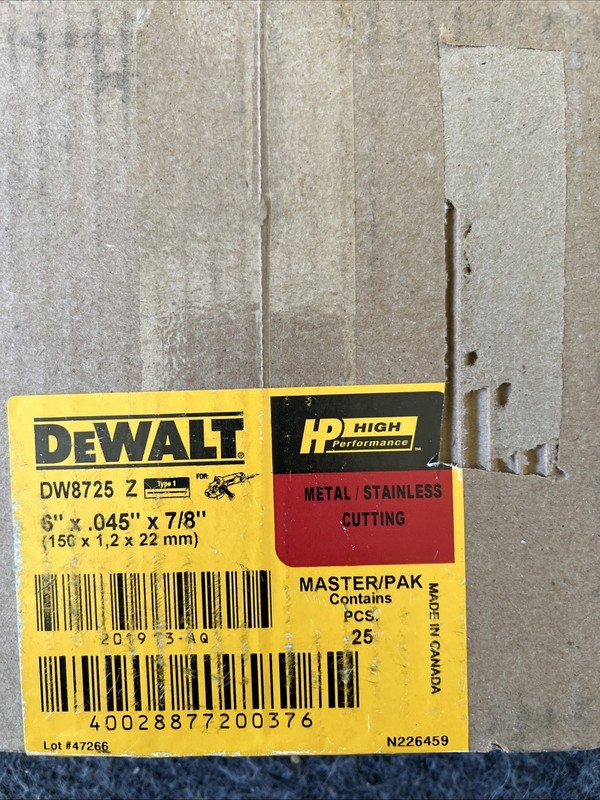 DEWALT DW 8725 Metal Cutting Wheel 6"X.045"X7/8" Thin 25 Pack For Stainless
