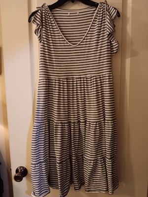 MAX STUDIO Dress Sz Lg Navy Striped Flutter-Sleeve Tiered Flowy