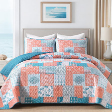 Coral Pink Ocean Quilt Set Queen Coastal Beach Theme Quilt Soft Microfiber Bedsp