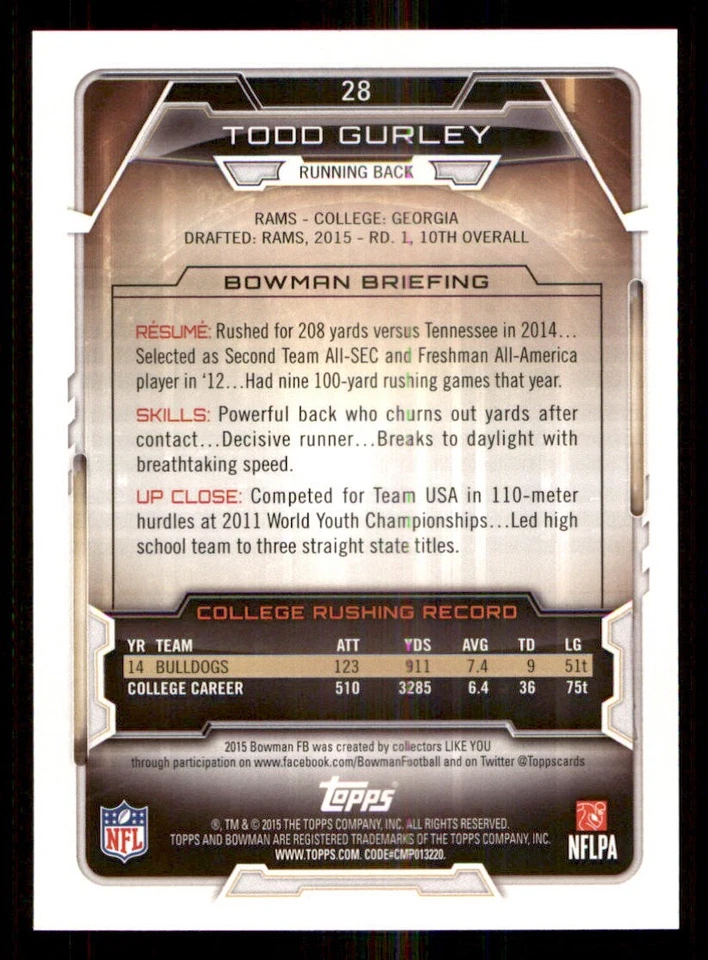 2015 Bowman Black #R28 Todd Gurley - Image 2 of 2