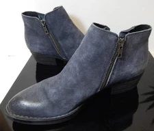 BORN Bessie Western Ankle BOOTS Slate BLUE Suede Leather Side Zip Fringe Wms 8.5