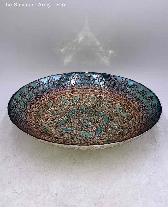 Teal Gold Hand Painted Round Shaped Large Decorative Serving Bowl