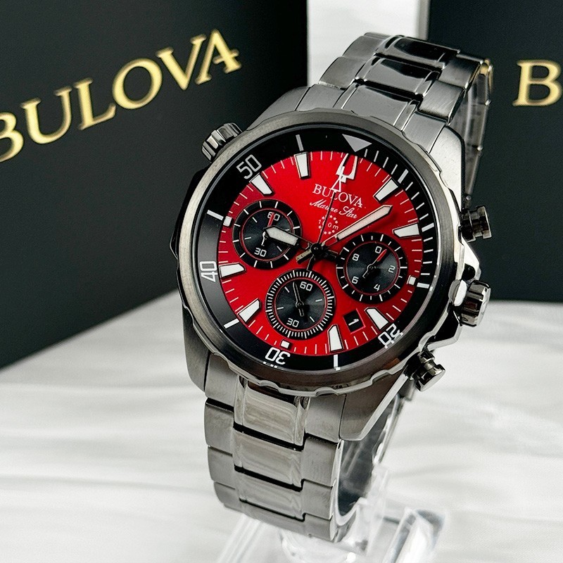 Bulova 98B350 Marine Star Men's Quartz Watch Red Dial Stainless Steel 43mm
