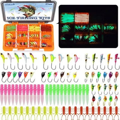 DOVESUN 87PCS Ice Fishing Jigs Kit Glow in Dark Jig Heads Soft Lures for Walleye Crappie