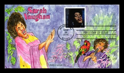 US COVER FIRST DAY OF ISSUE HAND COLORED DORIS GOLD CACHET SARAH VAUGHAN