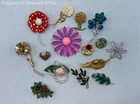 Vintage Floral Costume Jewelry Lot of 15 Brooches Enamel Rhinestones 0.46 lb