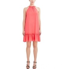 BCBG Paris Halter Dress Size XL Coral Chiffon Ruffle Hem Summer Garden Party