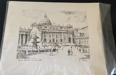 Vintage De Carly Rome Sketch Artwork Basilica di San Pietro