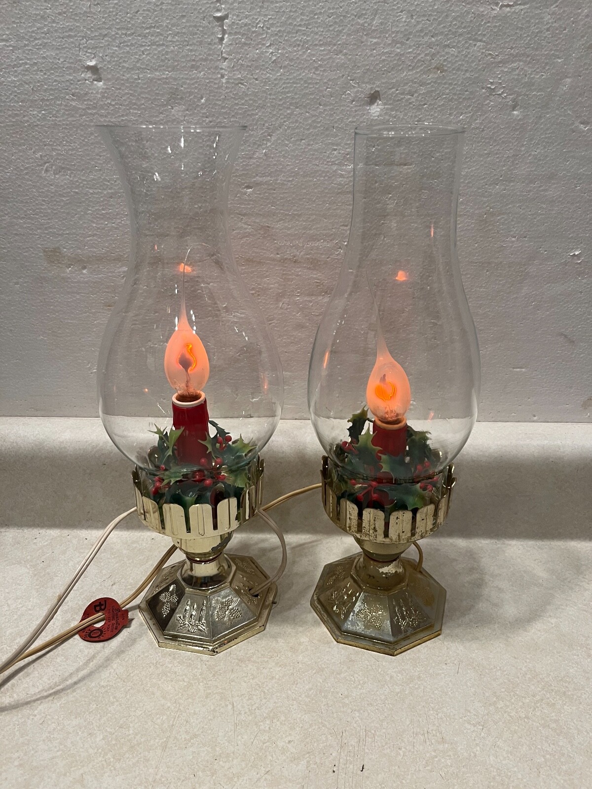 Pair Vintage Christmas Electric Candle Hurricane Lamps 12” Mid Century