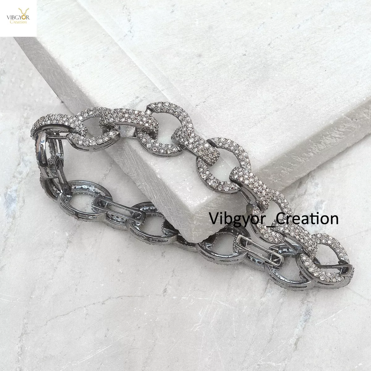 Genuine Pave Diamond Link Chain Bracelet 925 Sterling Silver