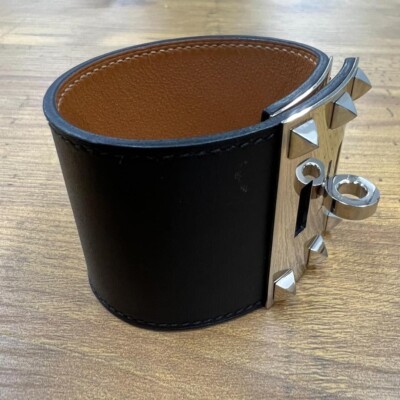 HERMES Kelly Dog Extreme Bangle Bracelet Black Silver Studs