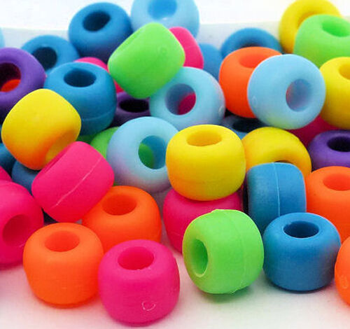 100 Bright Matte Pony Beads Pink Blue Green Yellow Orange Loom Bands Dummy Clips - Picture 1 of 1