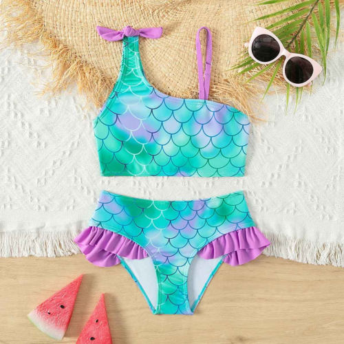 Kids 2Pc Fishscale Ruffle Bow Strap Girls Swimsuit Bikini Beach Summer Cloths