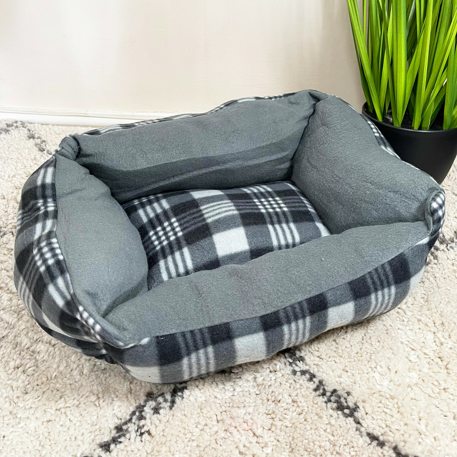 Grey Tartan Dog Bed 44cm x 34cm Rectangular Luxury Super Soft Fur Pet