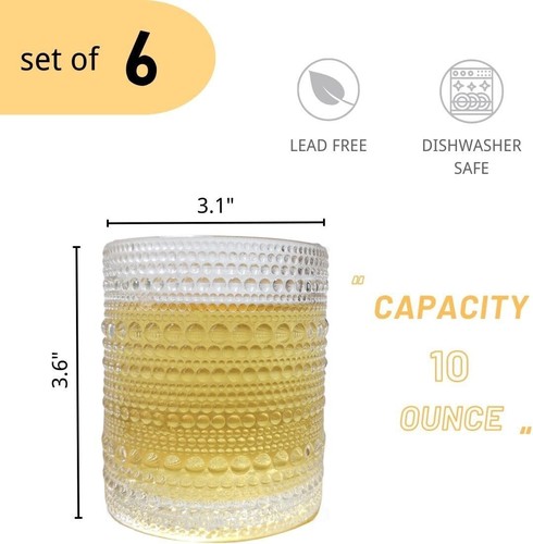 JPPSUJJ Cocktail Glasses 10 oz Hobnail Drinking Set of 6 Clear Glass Cups Water - Picture 5 of 8
