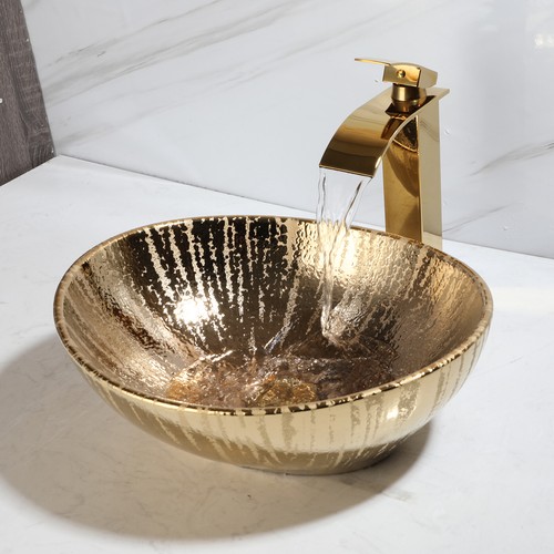Gold&White Ceramic Basin Bathroom Vessel Sink Mixer Faucet Tap Drain Combo - Picture 10 of 30