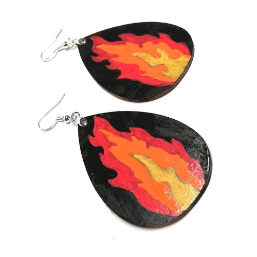 Orecchini grandi in legno dipinti a mano gioielli donna fiamma fuoco idea regalo - Foto 3 di 7