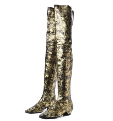 Rare Chanel Leather Over The Knee Boots Black Gold Metallic
