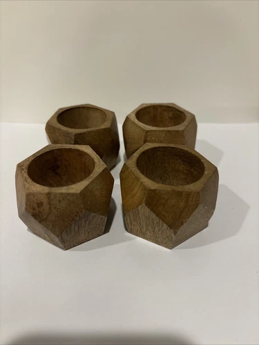 Wooden Napkin Ring Faceted Hexagon Brown Tan Set Of 4