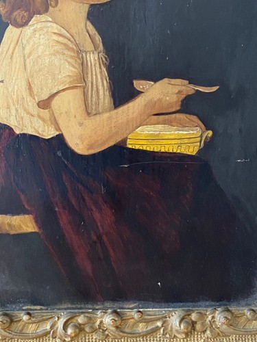 Antigua pintura al óleo de niña con cuchara y cuenco antiguo enmarcado - Imagen 7 de 8