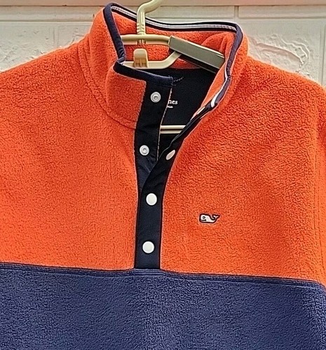 New Vineyard Vines Harbor Fleece 1/4 Snap Soft Pullover Shirt Blue/Orange Sz 18 - Picture 2 of 5