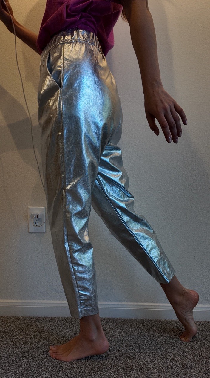 Silver Faux Leather Ankle Pants Shiny Straight Leg Elastic Waist Pockets Women thumbnail 4