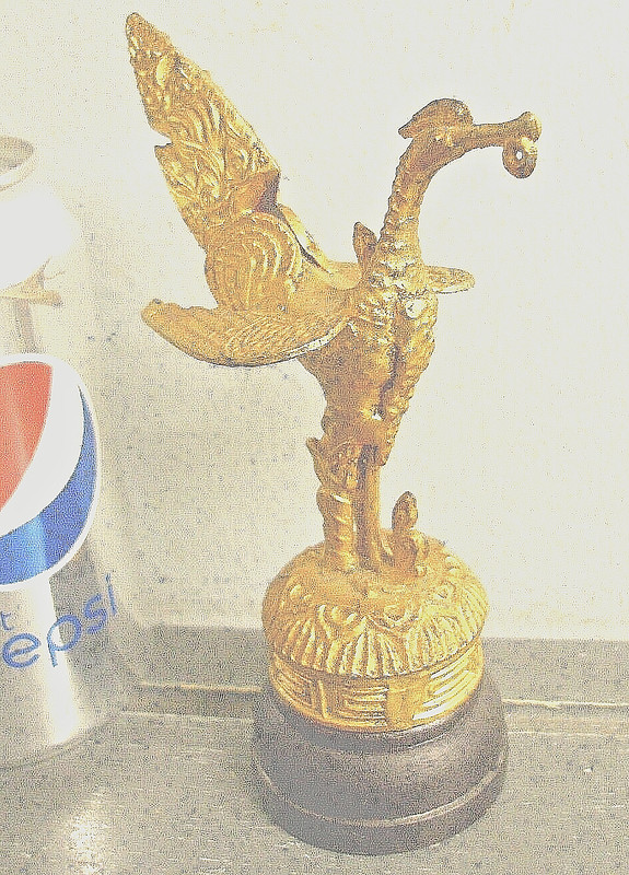 ANTIQUE METAL SCULPTURE /  STATUE of PHOENIX BIRD of  THAILAND DIETY - WOOD BASE