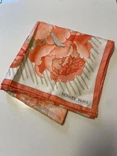 Hermes Carre 90 Floral Silk Scarf Orange Used with Wrinkles & Marks