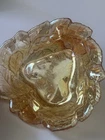 VTG Indiana Iridescent Amber Carnival Glass Loganberry Leaf Candy Dish Bowl 7”