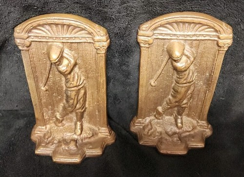 Antique Man Playing Golf Bronze Bookends Art Deco 1920s To 1930s Sports Golfer - Picture 23 of 24