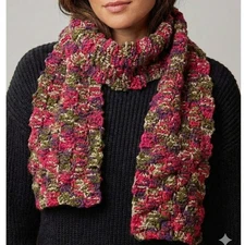 Handknit Soft Acrylic Scarf Pink Purple Green Rectangle 8" x 44"