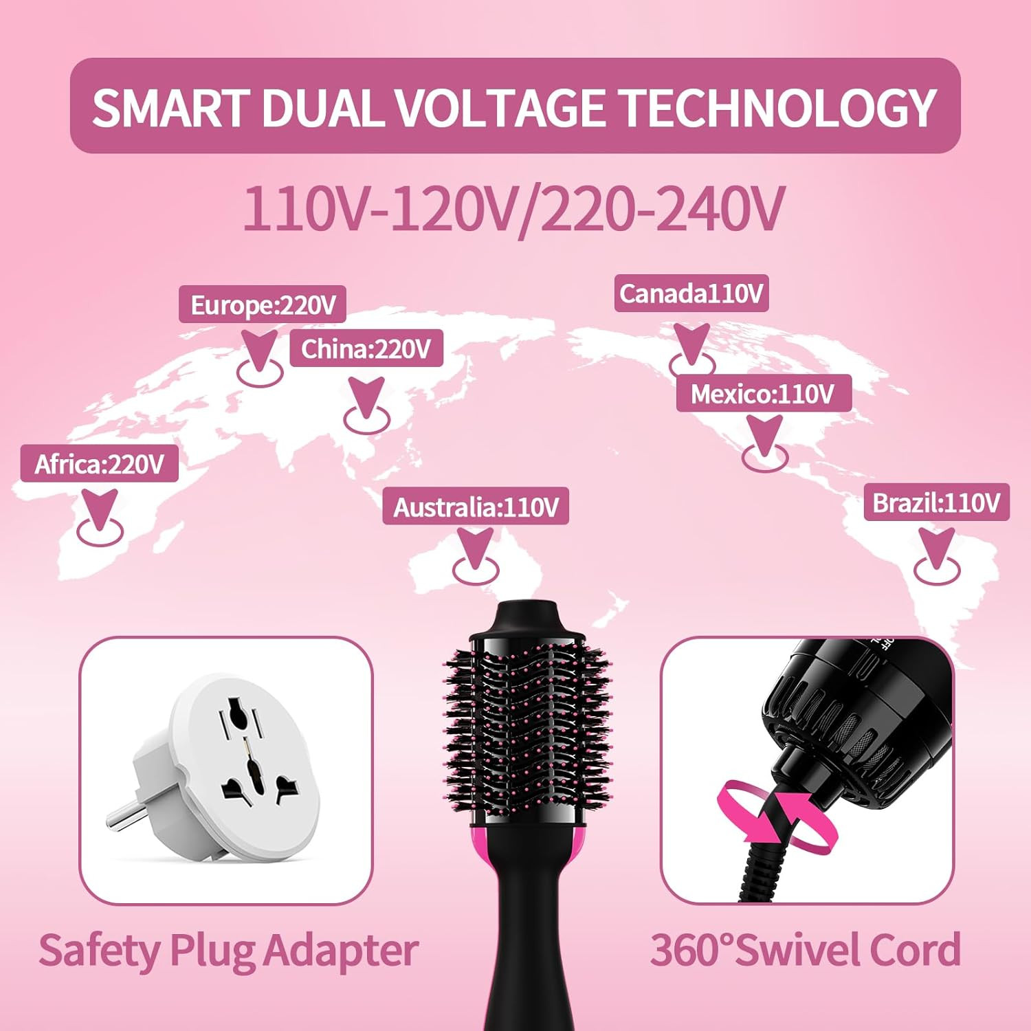 Dual Voltage Hair Dryer Brush with Negative Ion Anti-Frizz Styler - Hot Air Volu