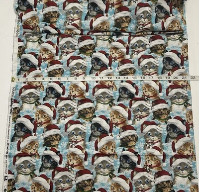 JO-ANN NEW cotton Christmas fabric half yard - Santa Cats On Blue With White Snowflakes