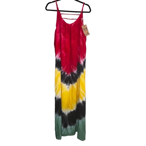 Riviera Sun Maxi Dress Womens Size 3X Tie Dye Adjustable Strap Red Yellow Green