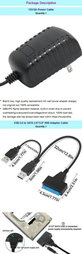 USB 3.0 to SATA III Hard Drive Adapter for 2.5 "3.5" HDD SSD with 12V 2A Power - Image 2 of 3