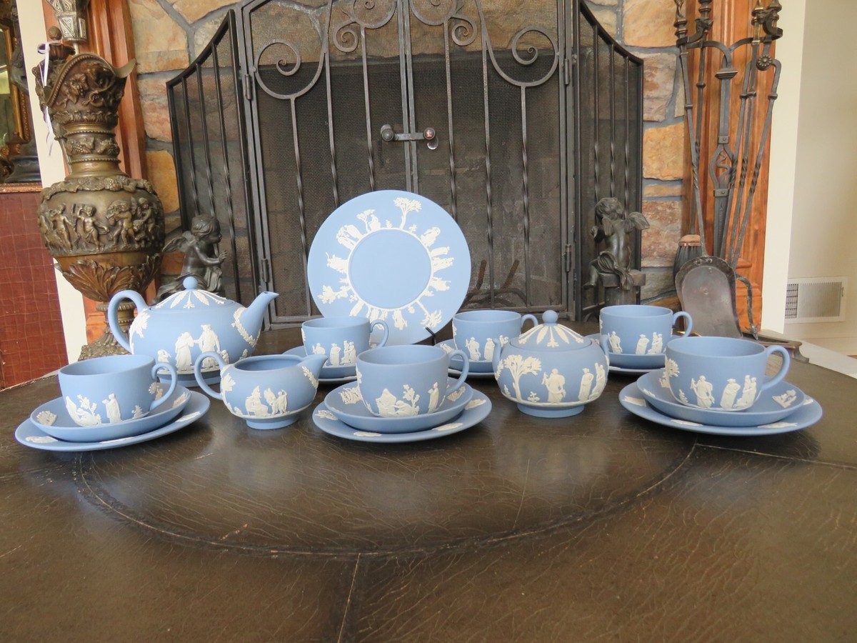 Vintage Wedgwood Pale Blue Jasperware Tea Set (Service for 6, 24 