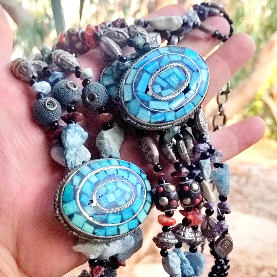 Rare Vintage Large Heavily Turquoise Ethnic Folk Belt Polished Stones And Beads - Image 2 of 4