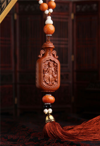 Chinese Freedom Kwan Yin Moon 3D Wood Carving Amber Beads Sculpture Car Pendant 