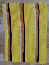 Handmade Knit Throw Lap or Baby Blanket MCM Retro Stripes Yellow 70s Boho