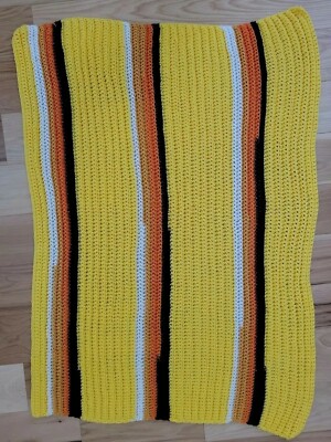 Handmade Knit Throw Lap or Baby Blanket MCM Retro Stripes Yellow 70s Boho 