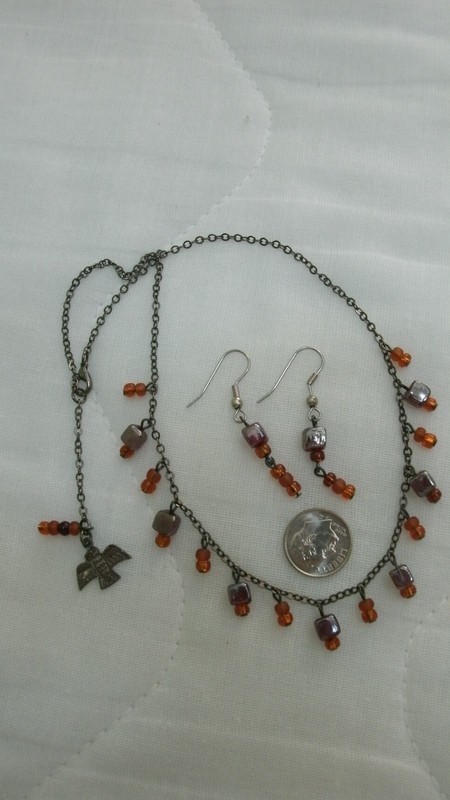 Amber beads Hematite Earrings Necklace set combo gold gray grey