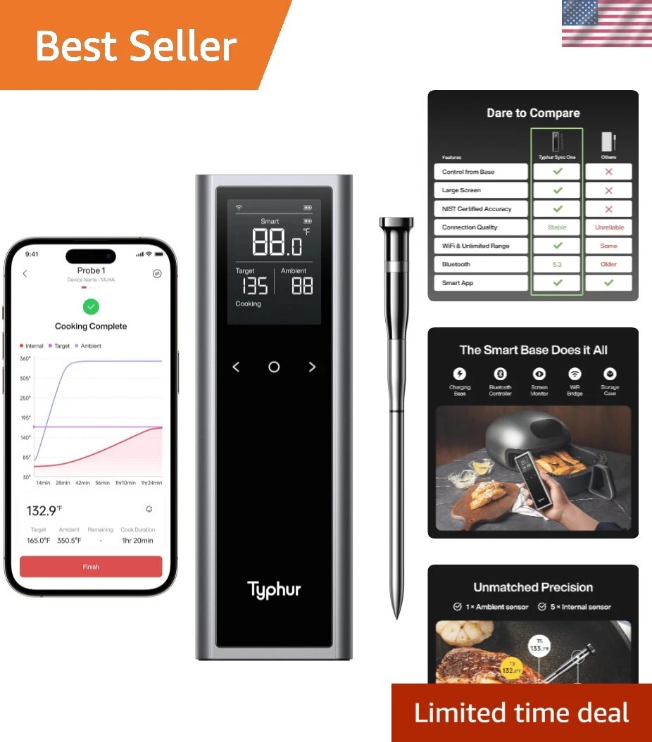 Sync One Smart Wireless Meat Thermometer: Standalone Base with LCD Display, U...