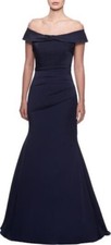 New LA FEMME Off the Shoulder Pleated Satin Mermaid Gown In Navy Size 4