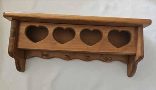 Vtg Pine Wood Wall Shelf with 4 Pegs 4 Cutout Hearts 19" Long Rustic Country  - Picture 1 of 7